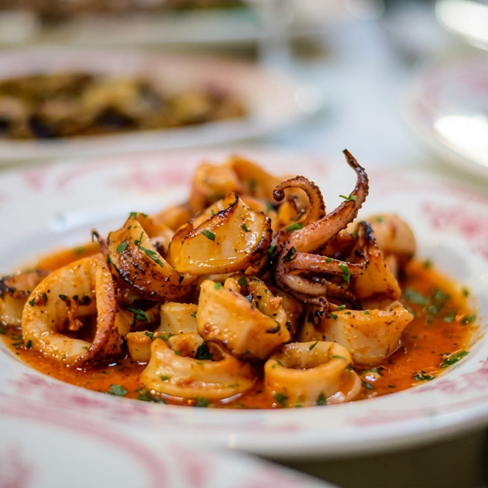 Grilled calamari and seafood pieces served in a spicy orange sauce on a decorative plate.