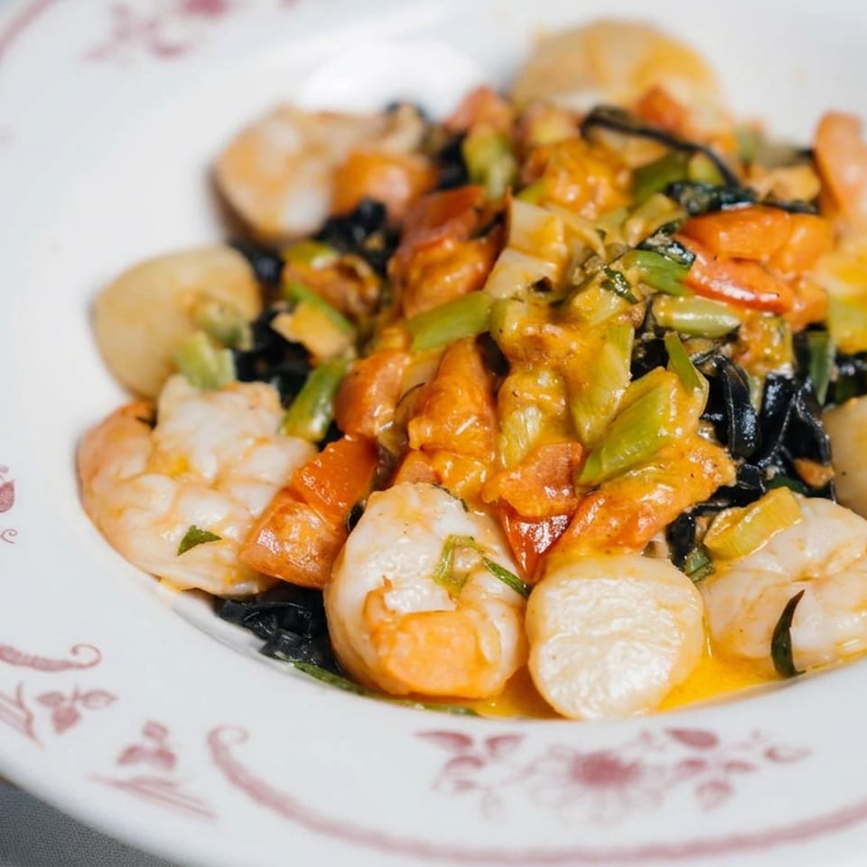 Plate of stir-fried shrimp, scallops, vegetables, and black fungus in a glossy orange sauce.