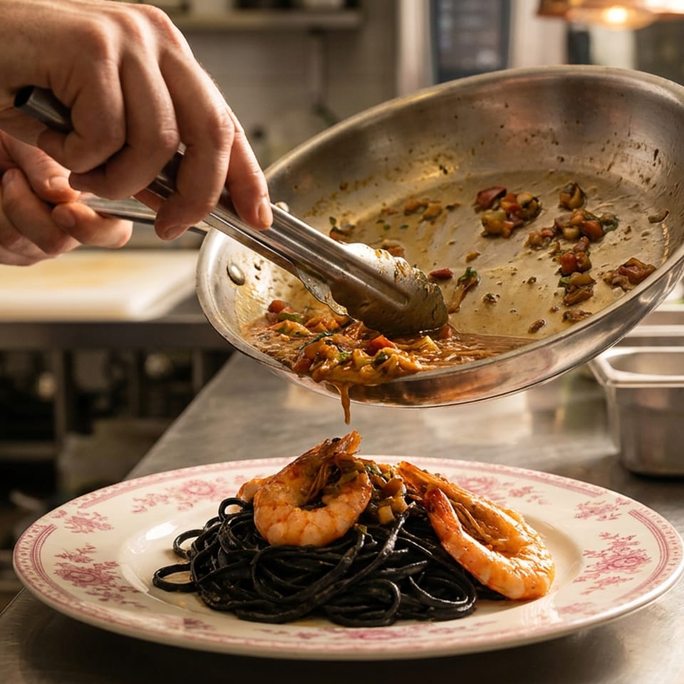 Chef uses tongs to plate shrimp and sauce over black pasta in a restaurant kitchen.